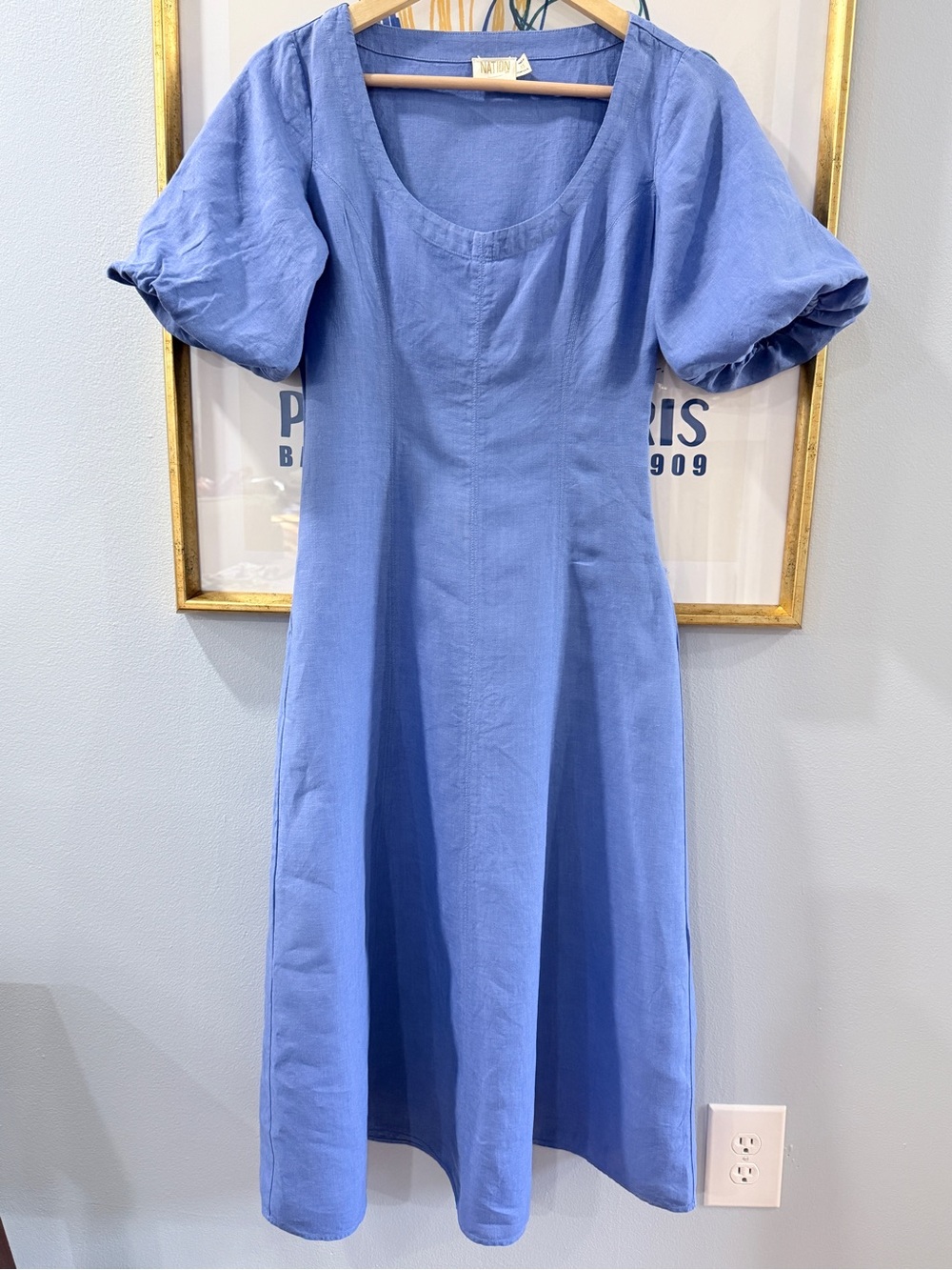 Nation Los Angeles Narda Balloon Sleeve Linen Midi Dress Wedgewood Blue